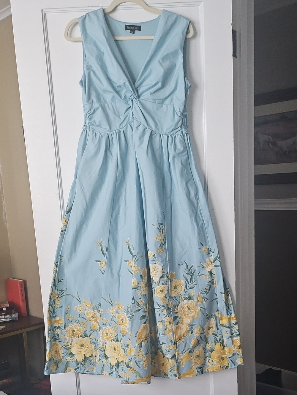 NWOT Rachel Zoe Light Blue Maxi Dress with Yellow Floral Border